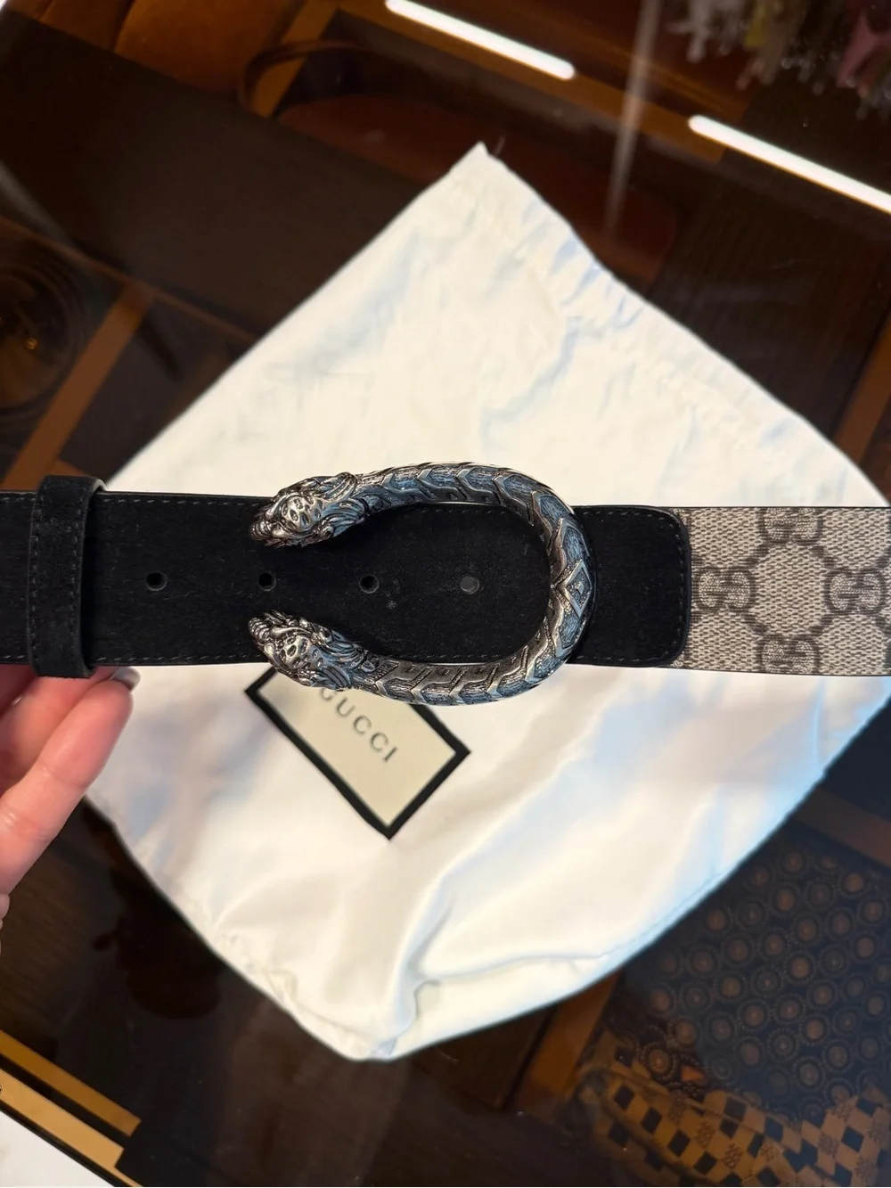 Gucci Black Suede & Gray GG Canvas Belt with Double Snake Buckle